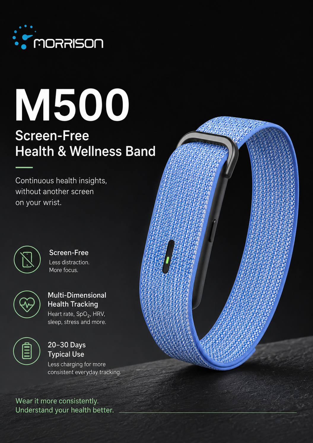 Morrison M500 Screenless Smart Bracelet with BLE 5.3, HRV, SpO2 & 170+ Sports Modes