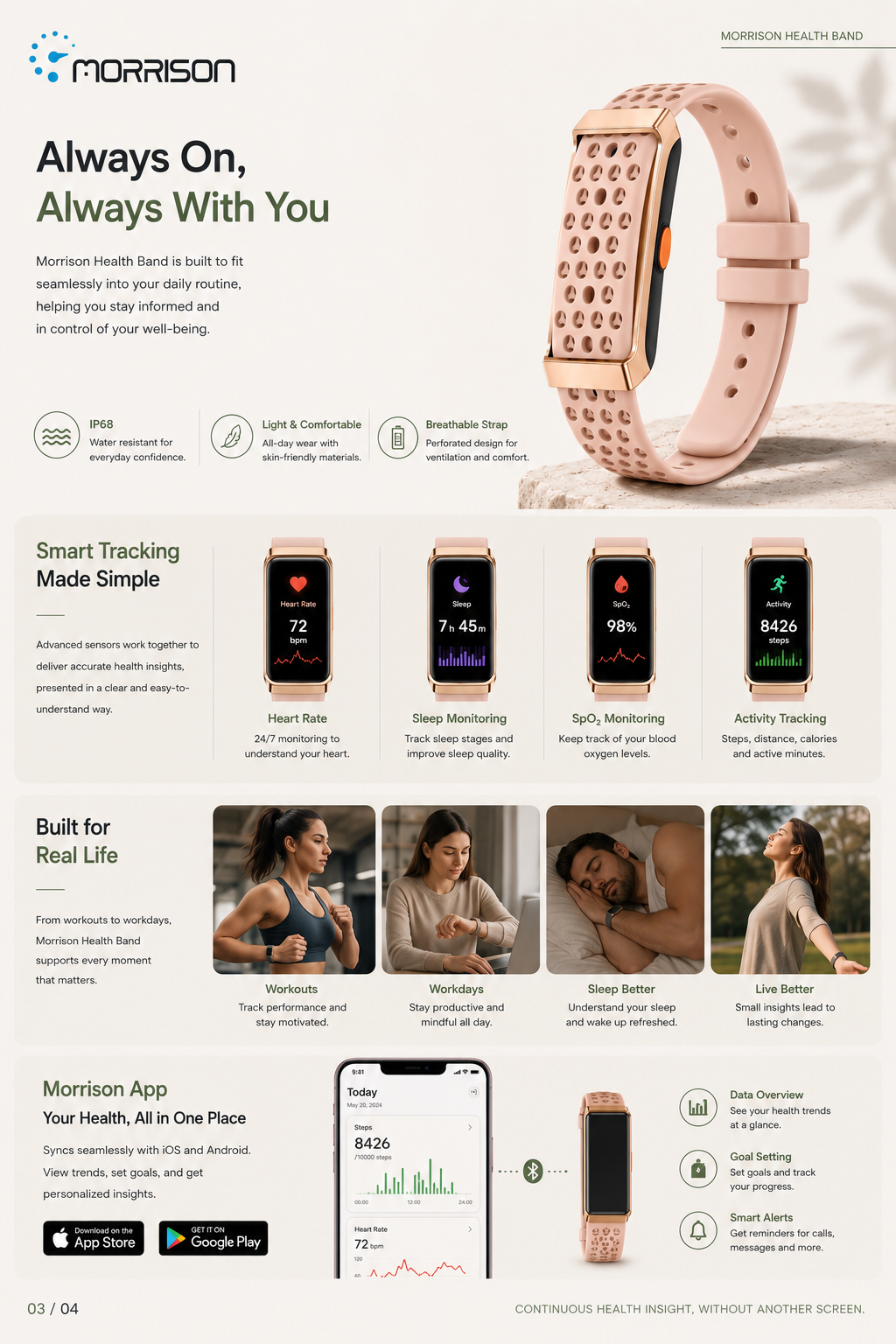 Morrison Screenless Smart Bracelet with BLE 5.3, Heart Rate, SpO2, HRV, Sleep Tracking and 120+ Sports Modes