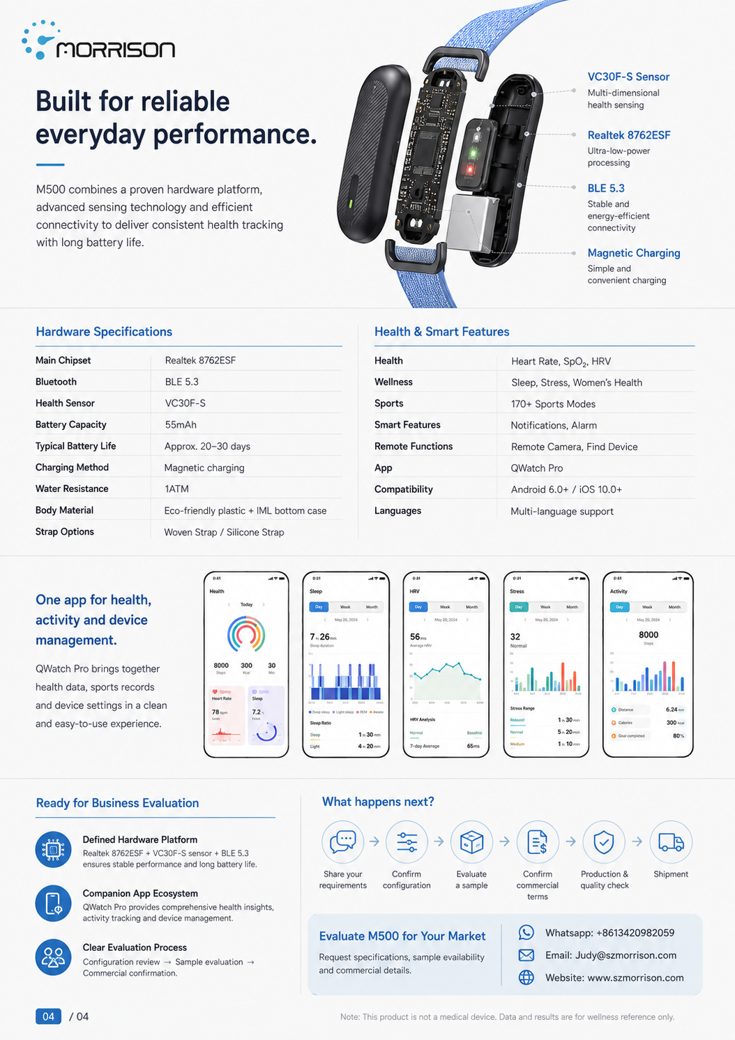 Morrison M500 Screenless Smart Bracelet with BLE 5.3, HRV, SpO2 & 170+ Sports Modes