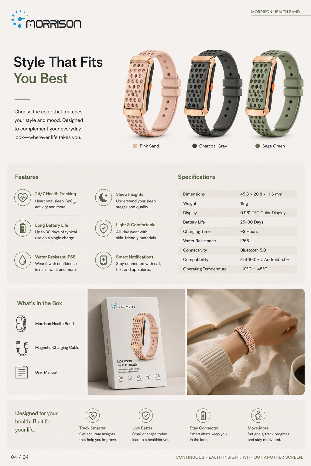 Morrison Screenless Smart Bracelet with BLE 5.3, Heart Rate, SpO2, HRV, Sleep Tracking and 120+ Sports Modes