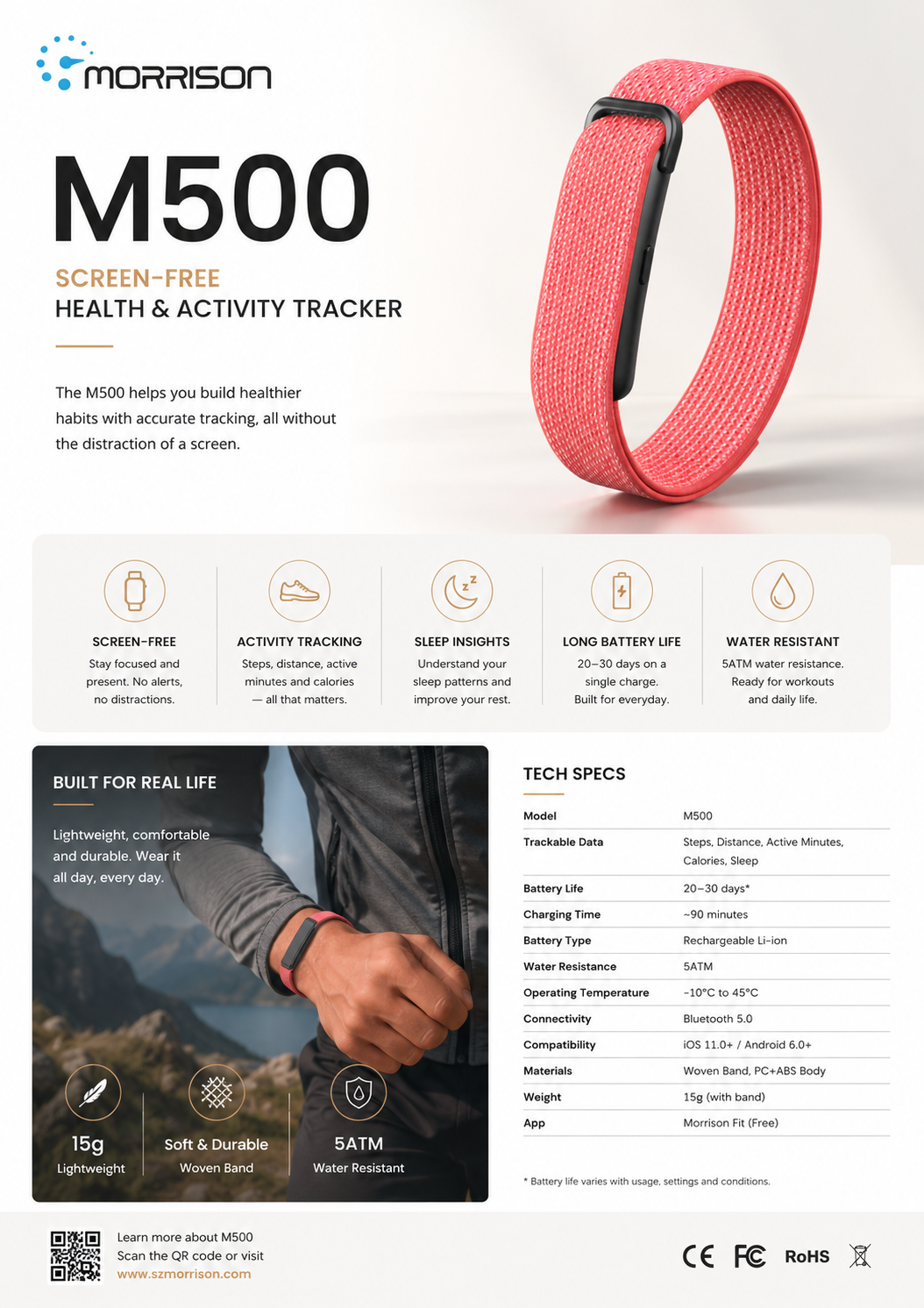 Morrison M500 Screenless Smart Bracelet with HRV, SpO2 & 170+ Sports Modes