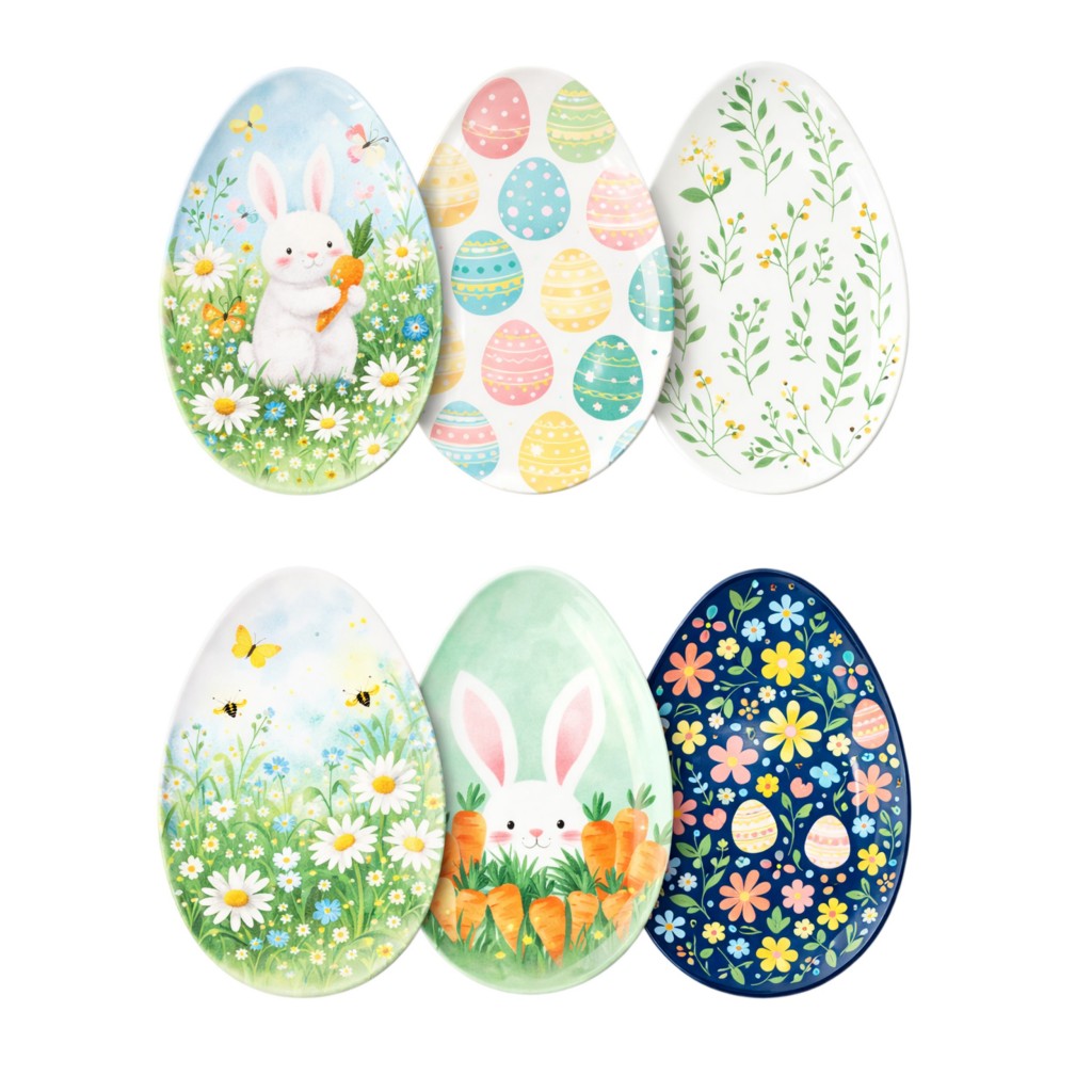 Easter Egg Shaped Melamine Plates Set, Bunny Floral Spring D