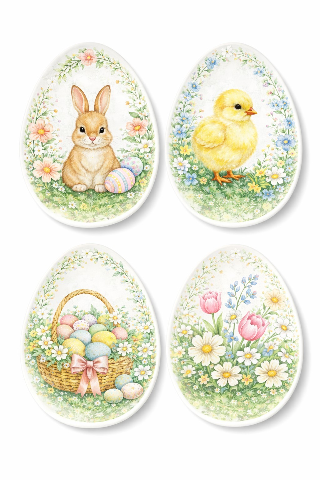 Easter Floral Egg Shape Melamine Plates Set Bunny Chick Bask