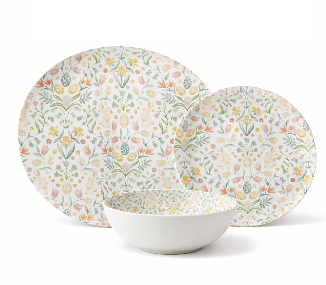 Easter Melamine Dinnerware Set – Floral Bunny Plates & Bowl 