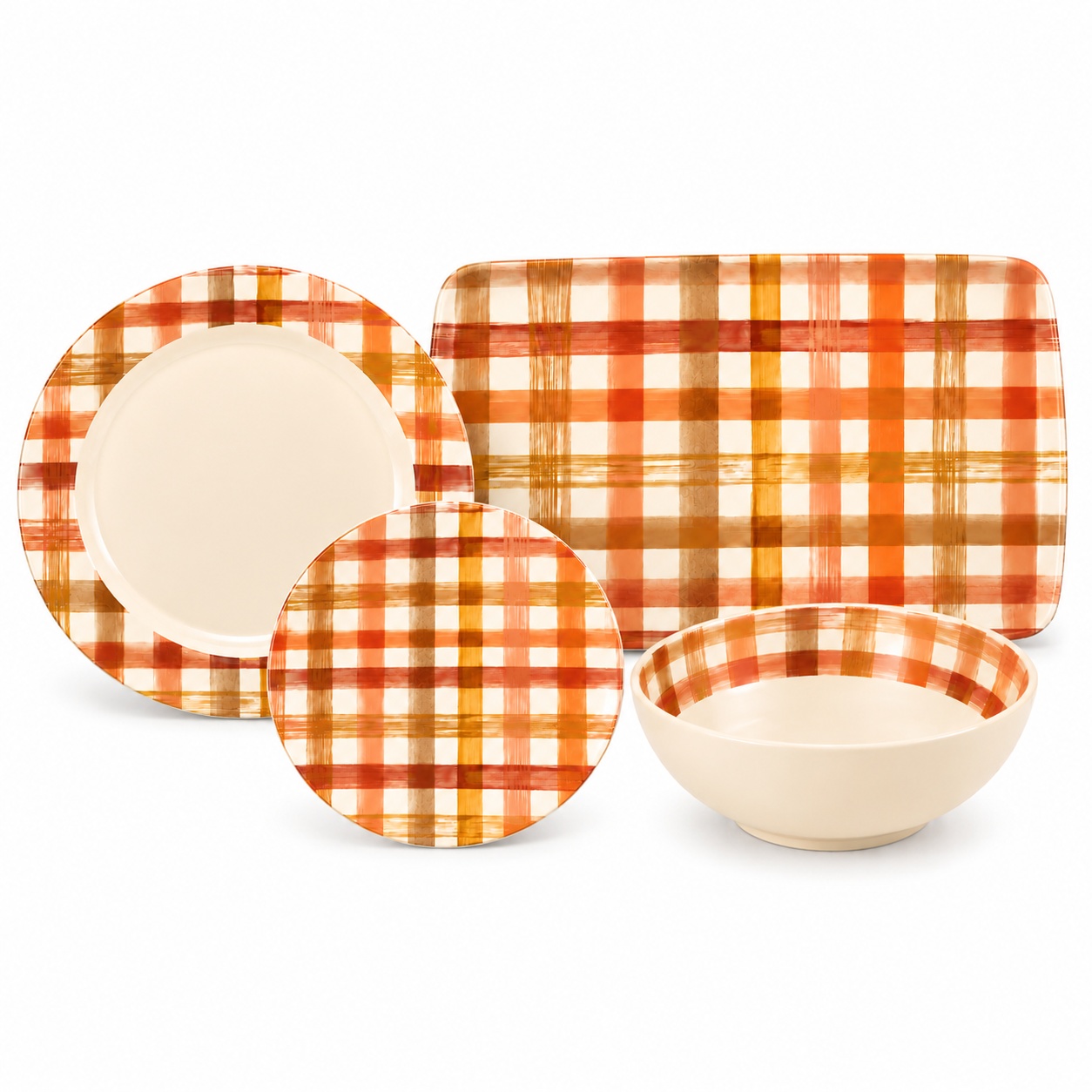 Orange Watercolor Plaid Outdoor Melamine Dinnerware Set