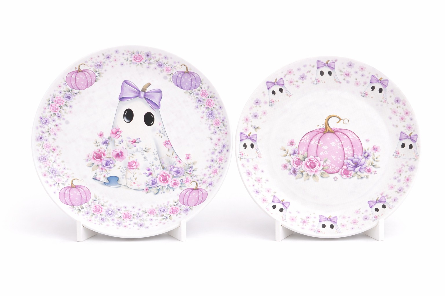 Pink Halloween Ghost & Pumpkin Melamine Dinner Plate Set