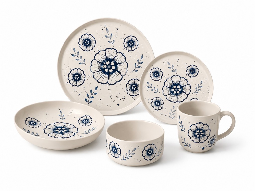 Premium Ceramic Look Melamine Dinnerware Set with Blue White