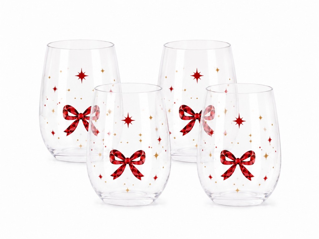 Red Bow Christmas Acrylic Stemless Wine Glasses Set of 4, Sh