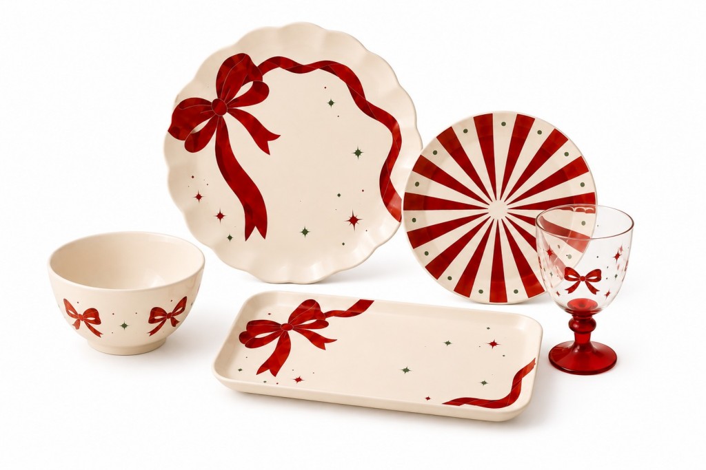 Wholesale Custom Christmas Red Bow Melamine Dinnerware Set, 