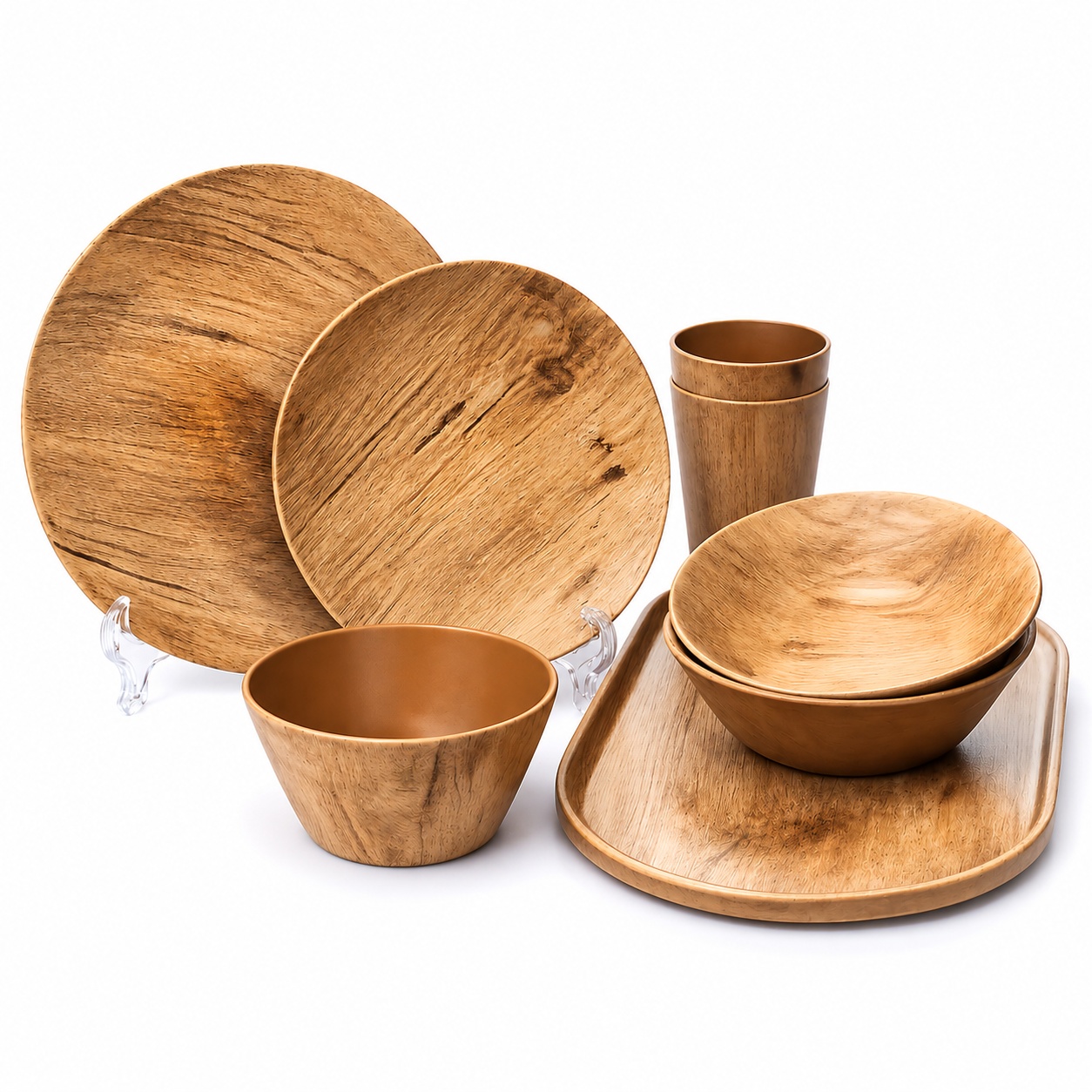 Woodgrain Melamine Dinnerware Collection – Plates, Bowls, Tu