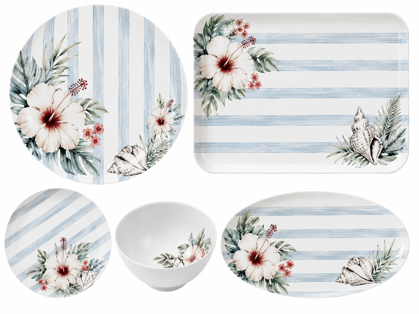 Coastal Tropical Floral Melamine Dinnerware Set – Hibiscus, 