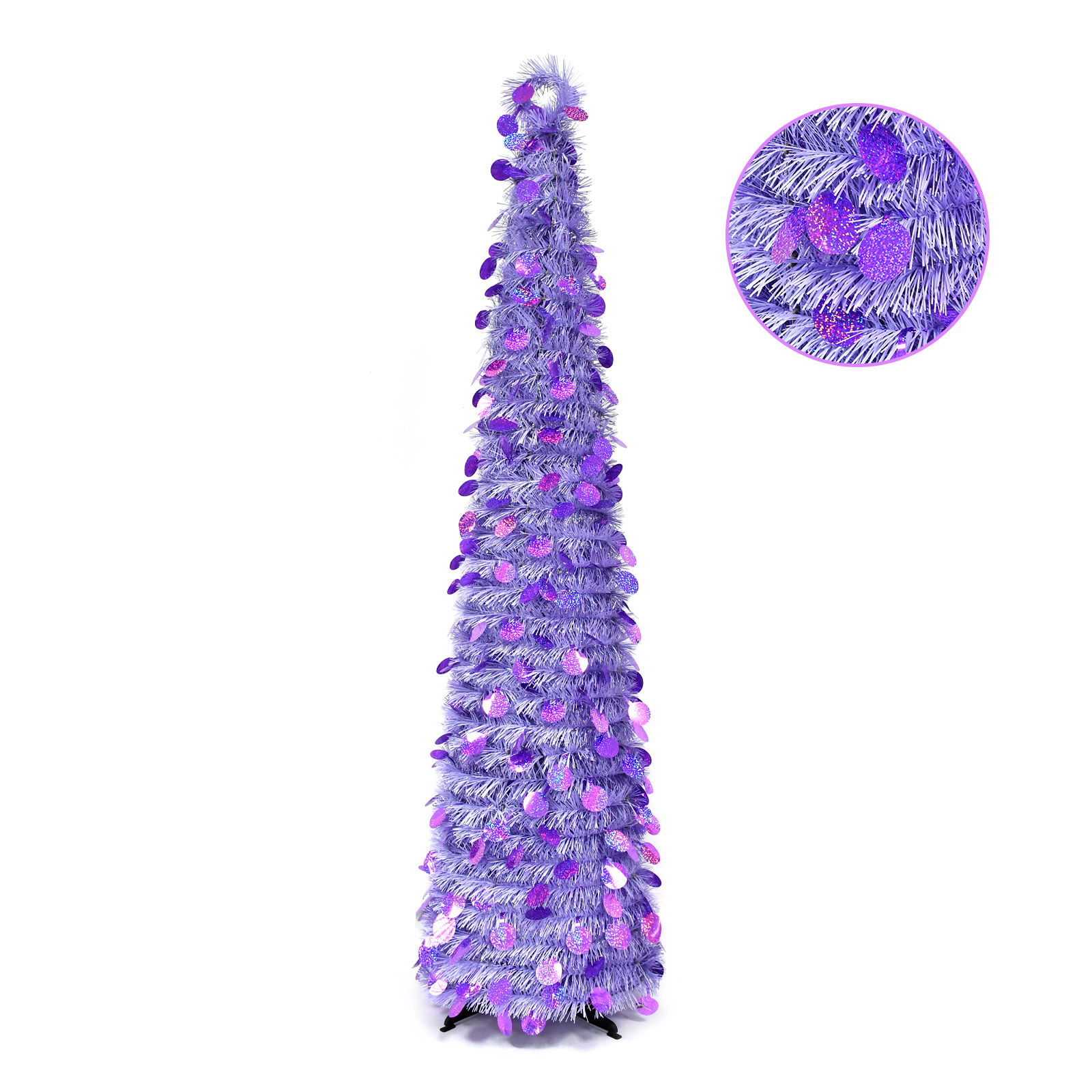 Lavender Purple Round Disc Crooked Neck Tinsel Christmas Tree