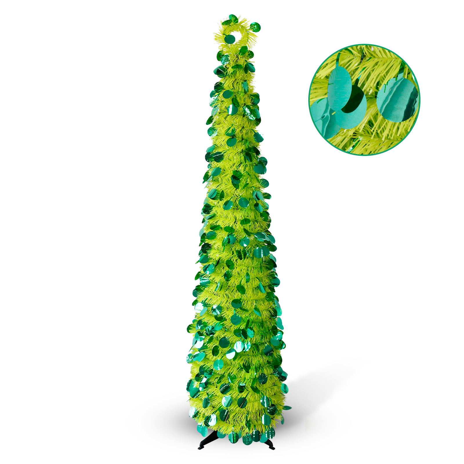 Lime Green Round Disc Crooked Neck Tinsel Pop Up Christmas Tree