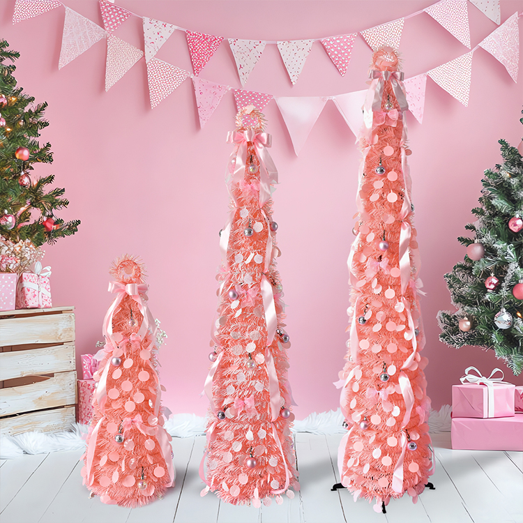Pink Tinsel Pop Up Christmas Tree Set 6FT 5FT 4FT 3pcs