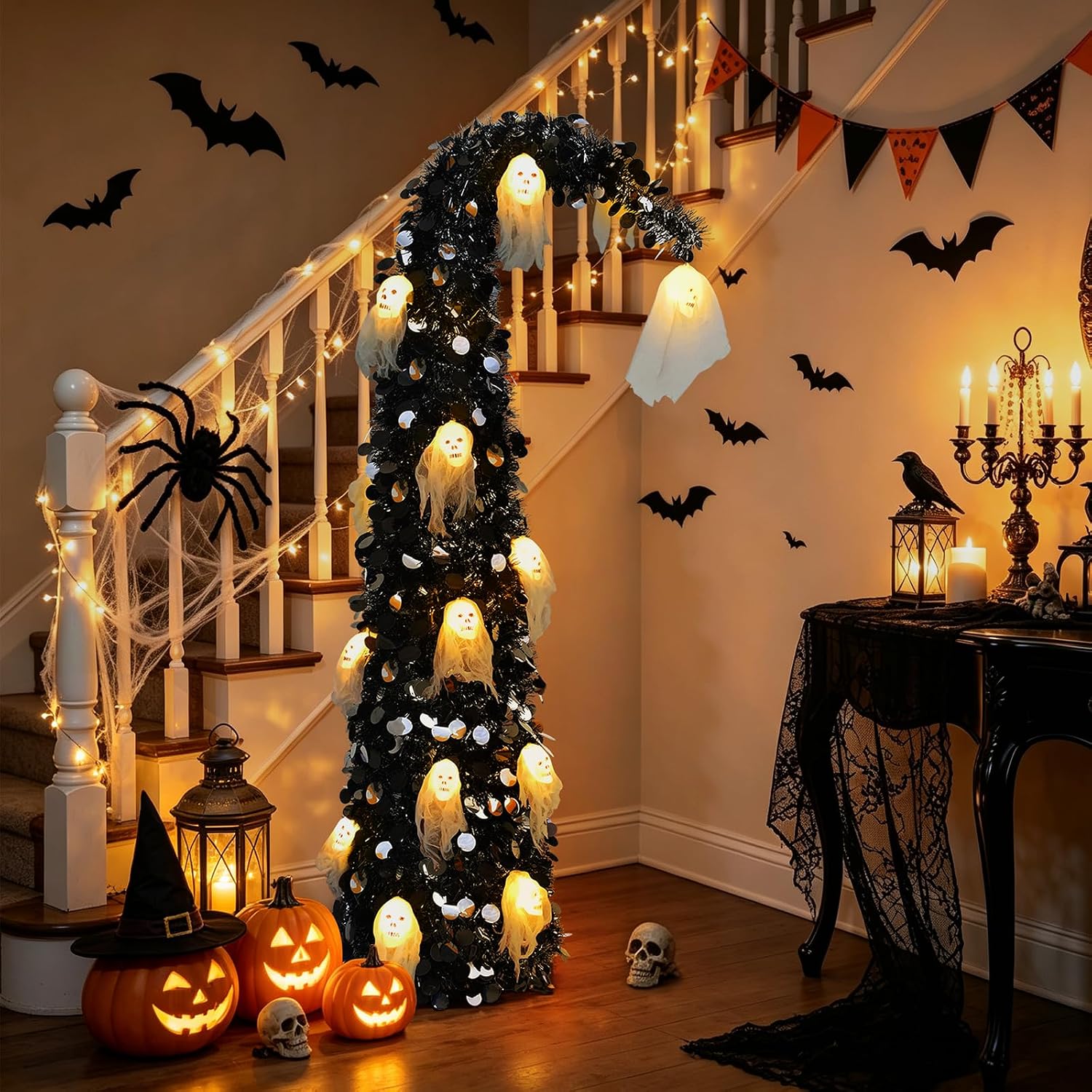 2026 Crooked-Top Black Halloween Tree with Ghost Decorations