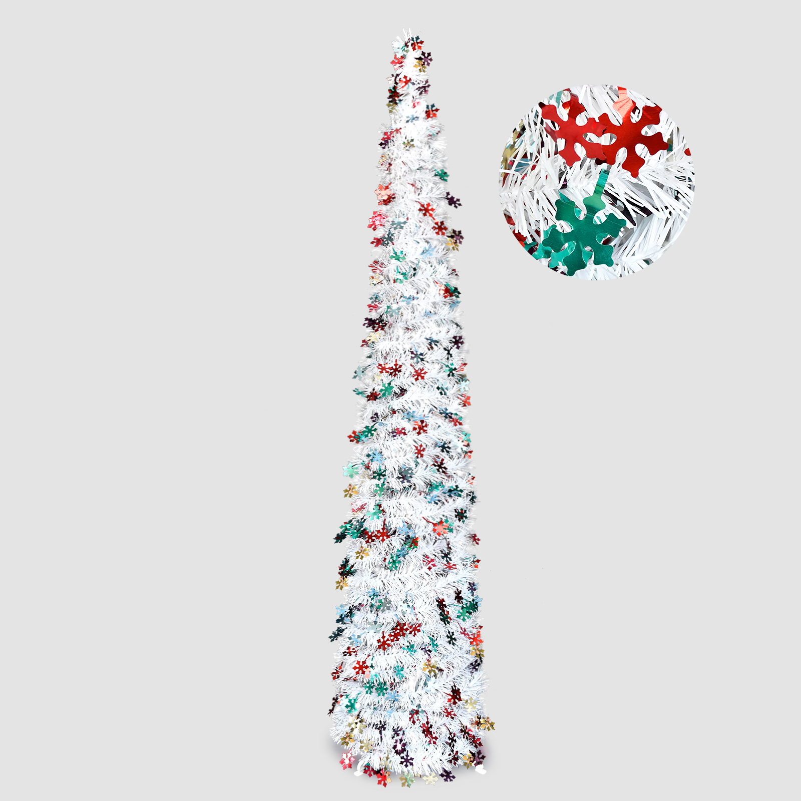 White Snowflake Pop Up Tinsel Christmas Tree Collapsible Artificial Pencil Tree with Multicolor Sequins