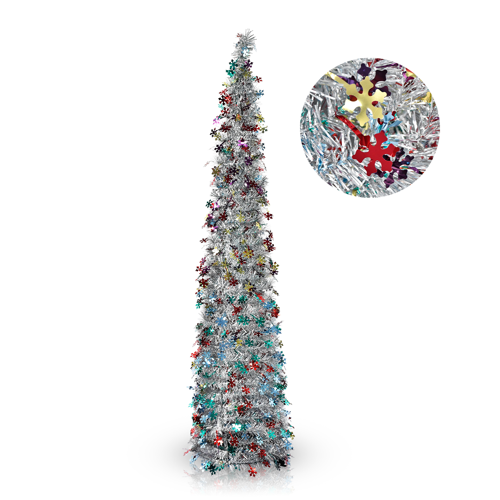 Silver Pop Up Tinsel Christmas Tree Collapsible Artificial Pencil Tree with Multicolor Snowflake Sequins