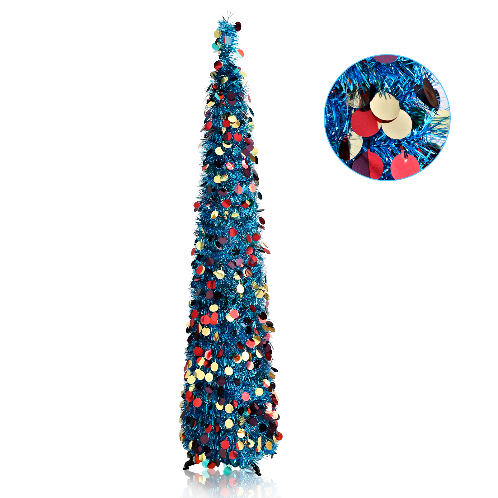 Blue Multicolor Round Disc Pop Up Tinsel Christmas Tree