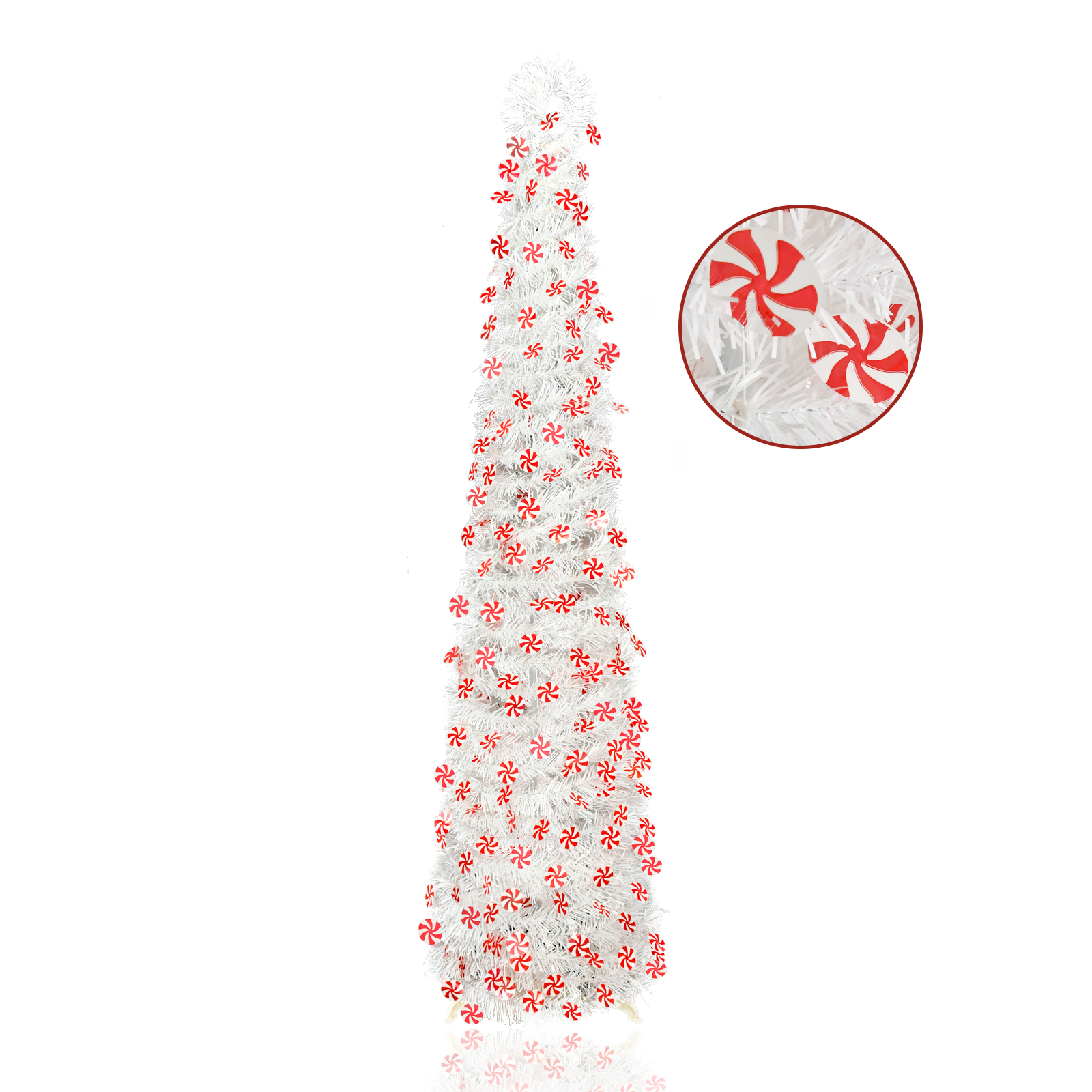 White Red Peppermint Candy Curled Top Pop Up Tinsel Christmas Tree