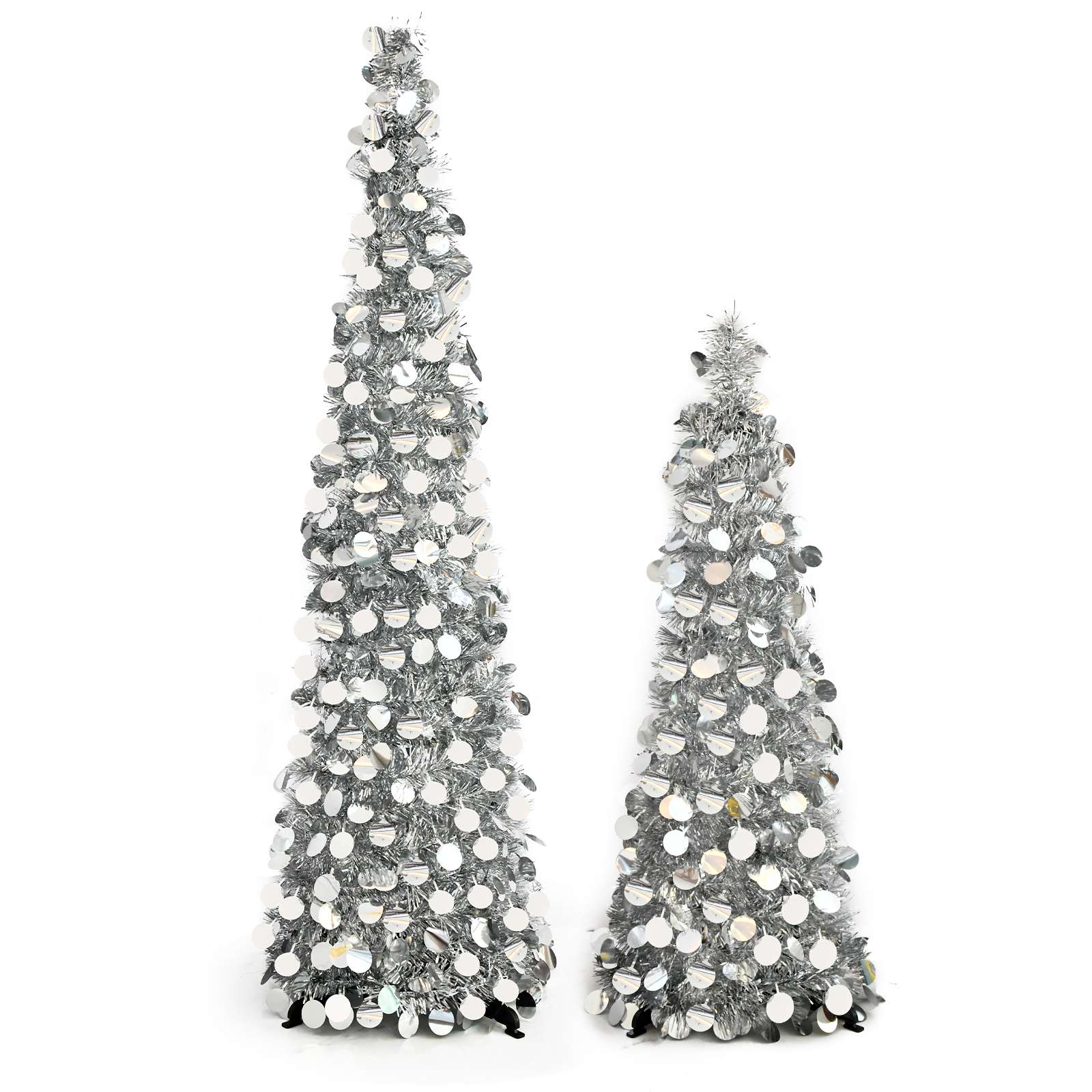 2PCS Silver White Round Disc Pop Up Tinsel Christmas Tree Set 5FT 4FT