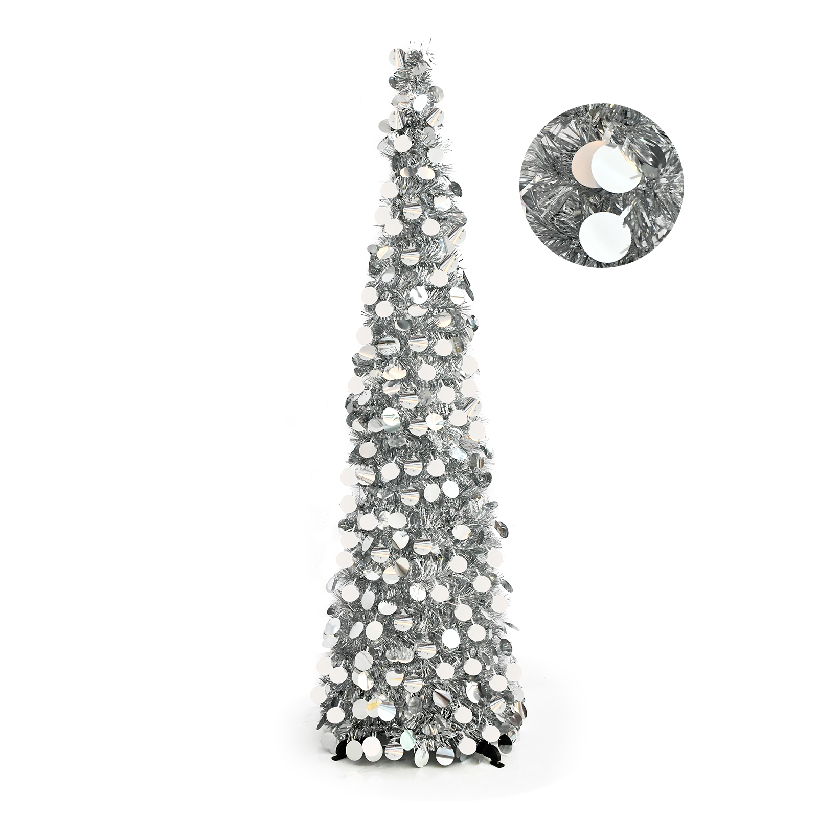 Silver White Round Disc Pop Up Tinsel Christmas Tree