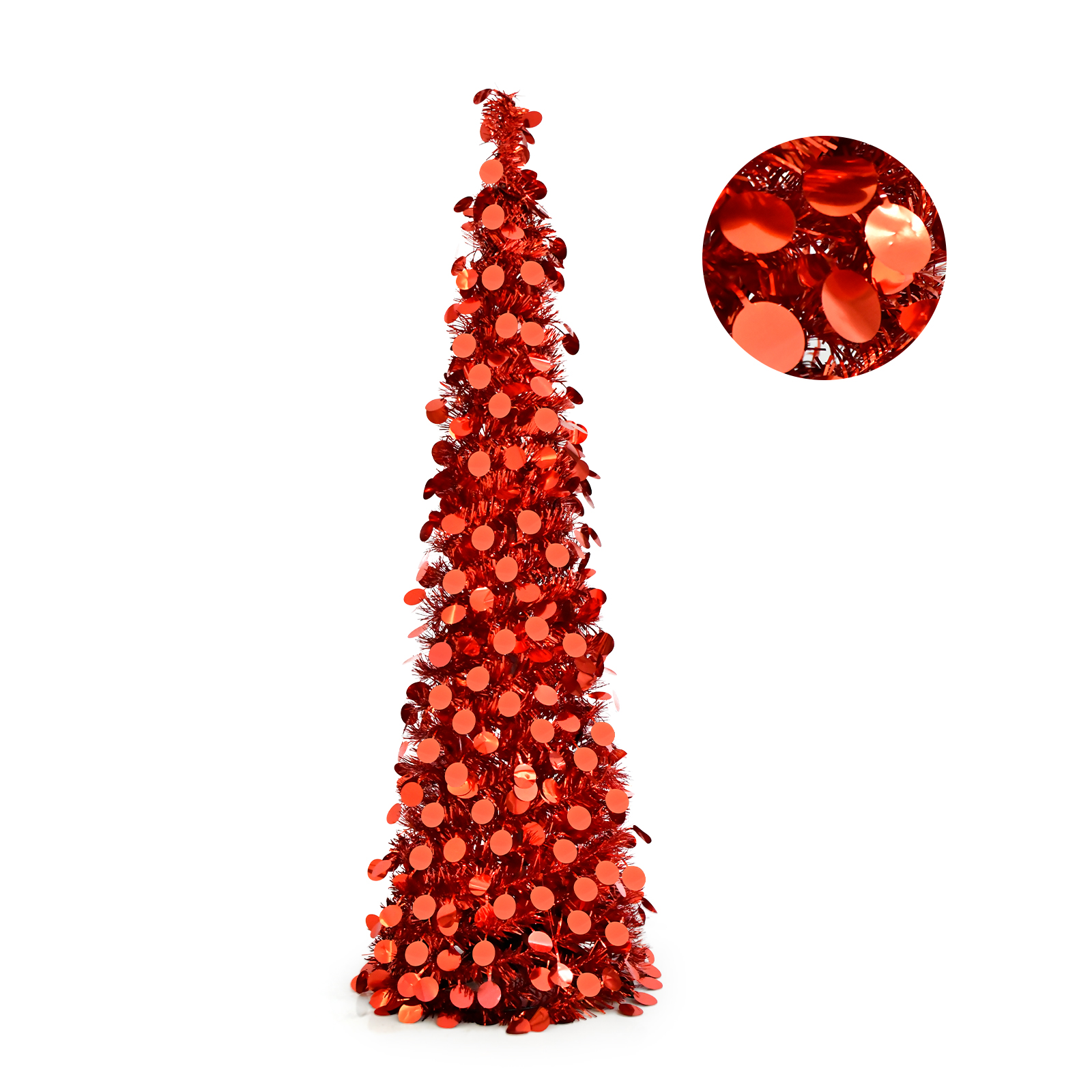 4FT Red Glitter Round Disc Pop Up Tinsel Christmas Tree