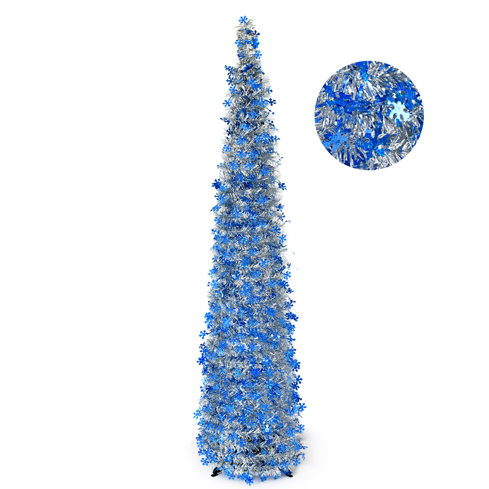 5FT Silver Blue Snowflake Pop Up Tinsel Christmas Tree