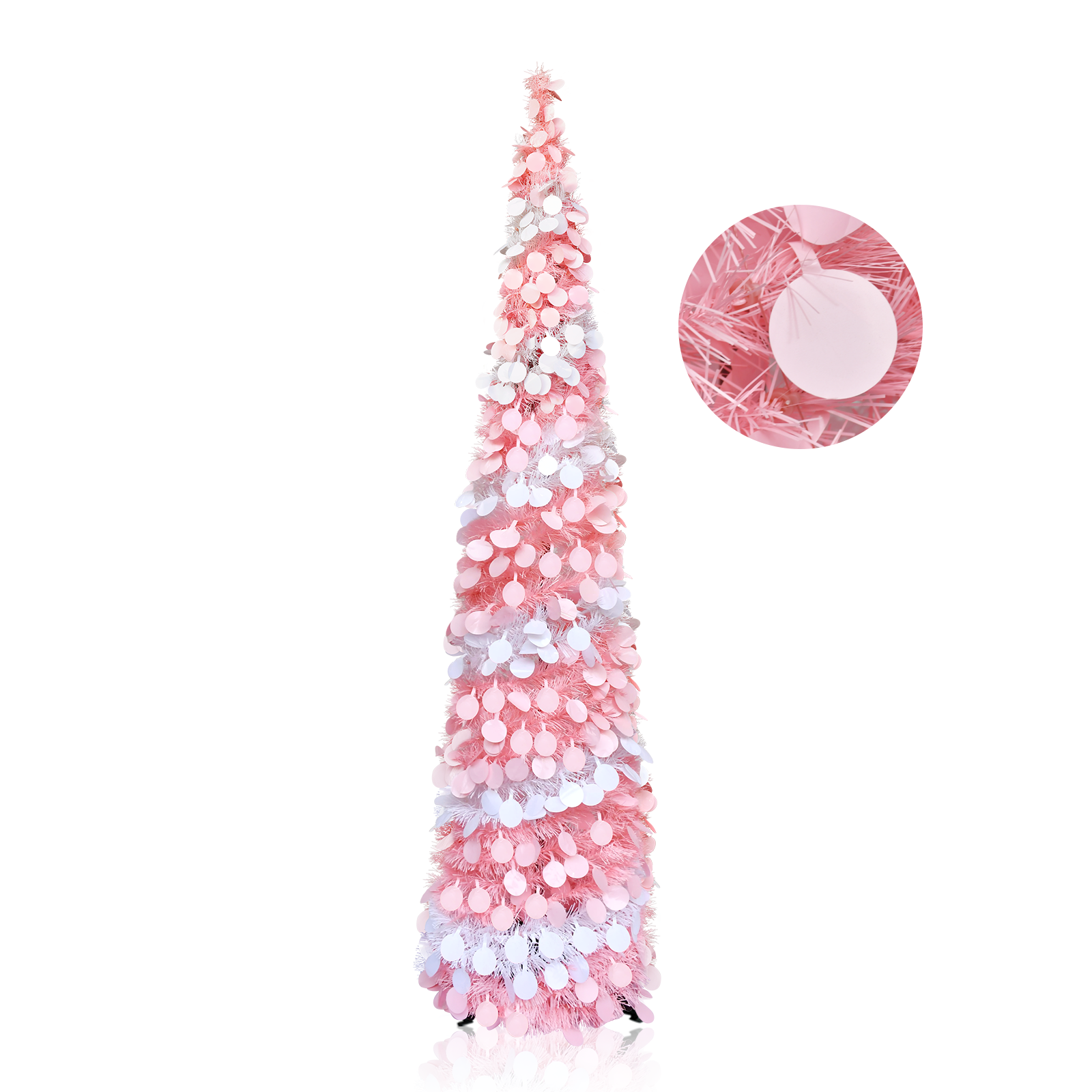 5FT Pink White Spiral Round Disc Pop Up Tinsel Christmas Tree