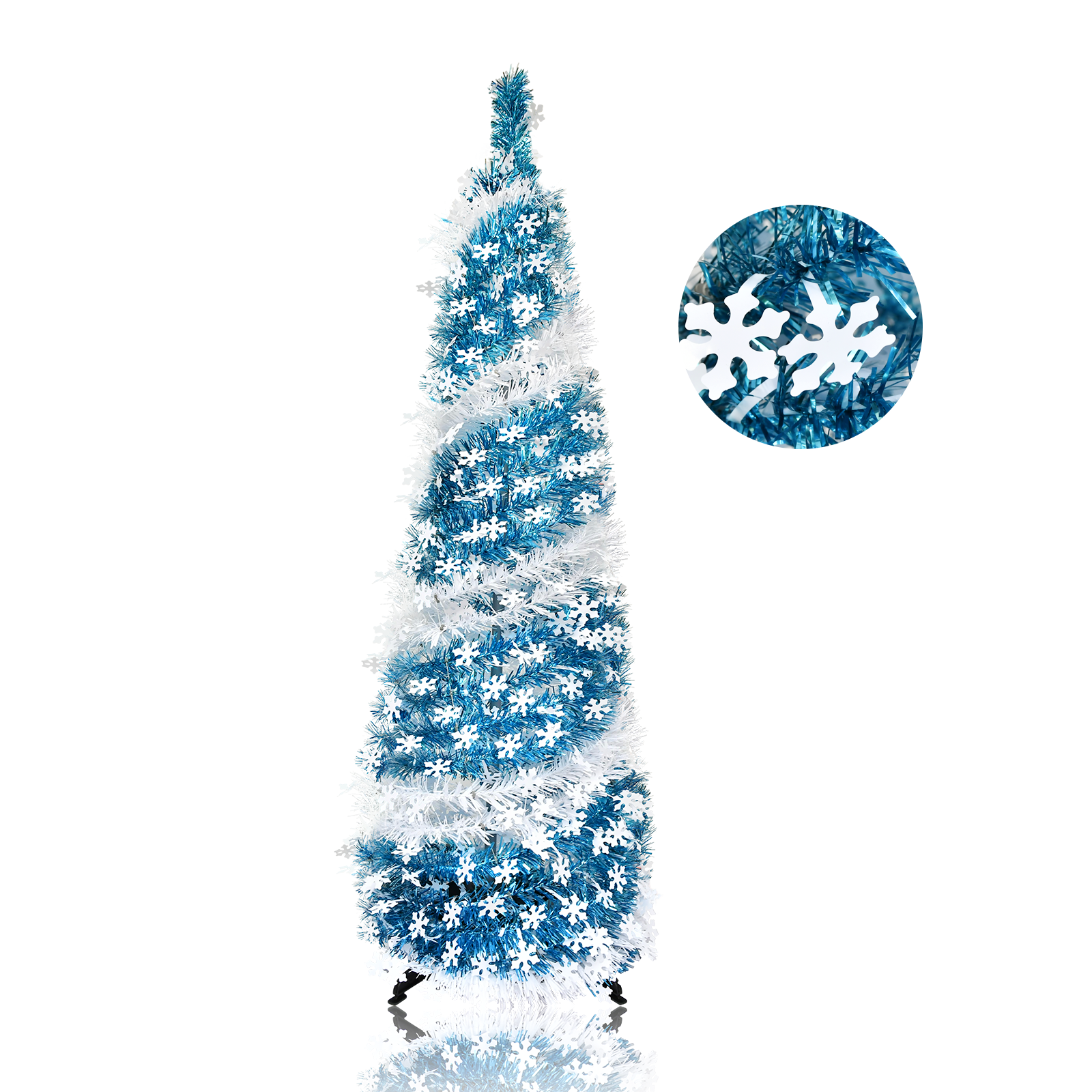5FT White Blue Spiral Snowflake Pop Up Tinsel Christmas Tree