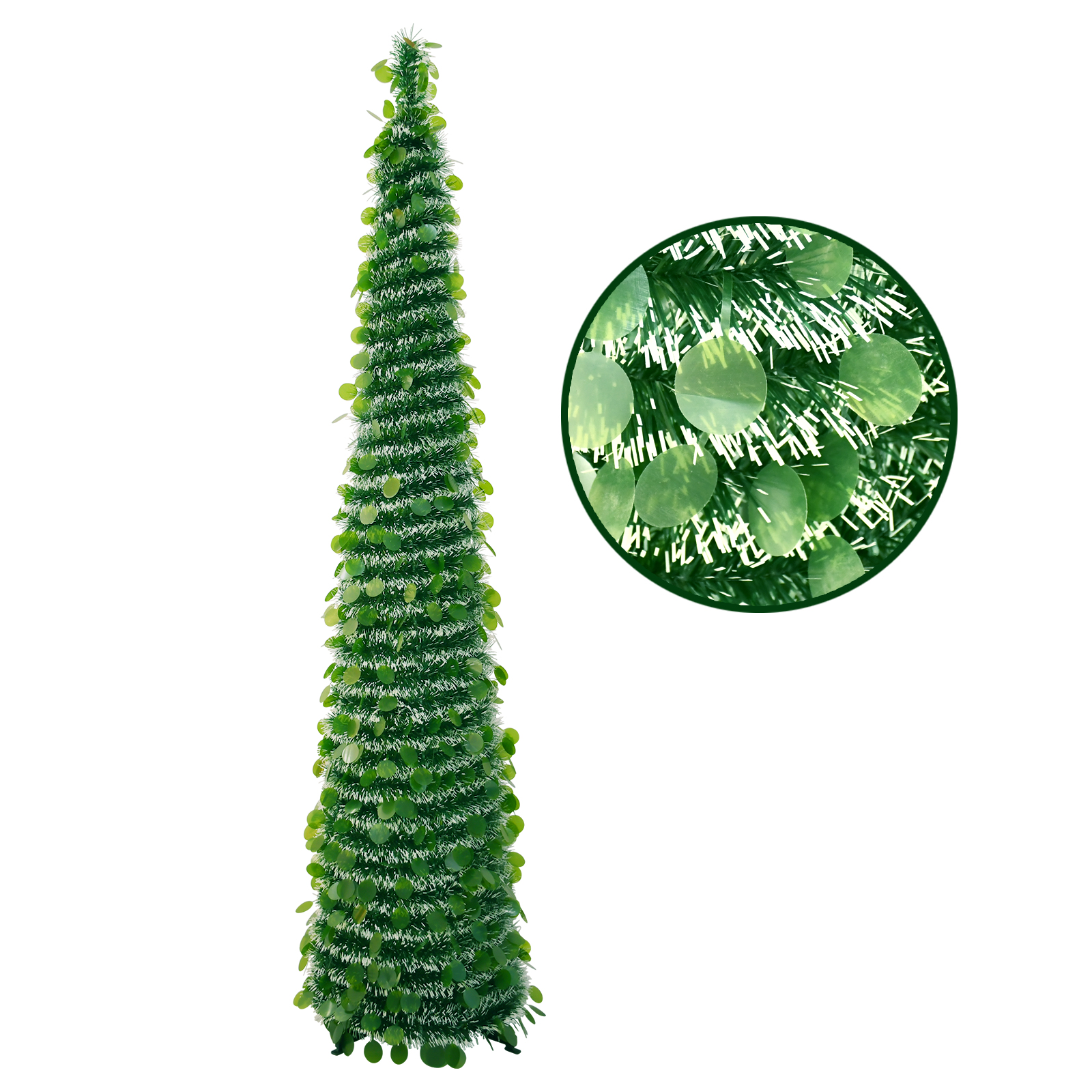 Green White Spiral Pop Up Tinsel Christmas Tree Collapsible Artificial Pencil Tree with Round Disc Sequins