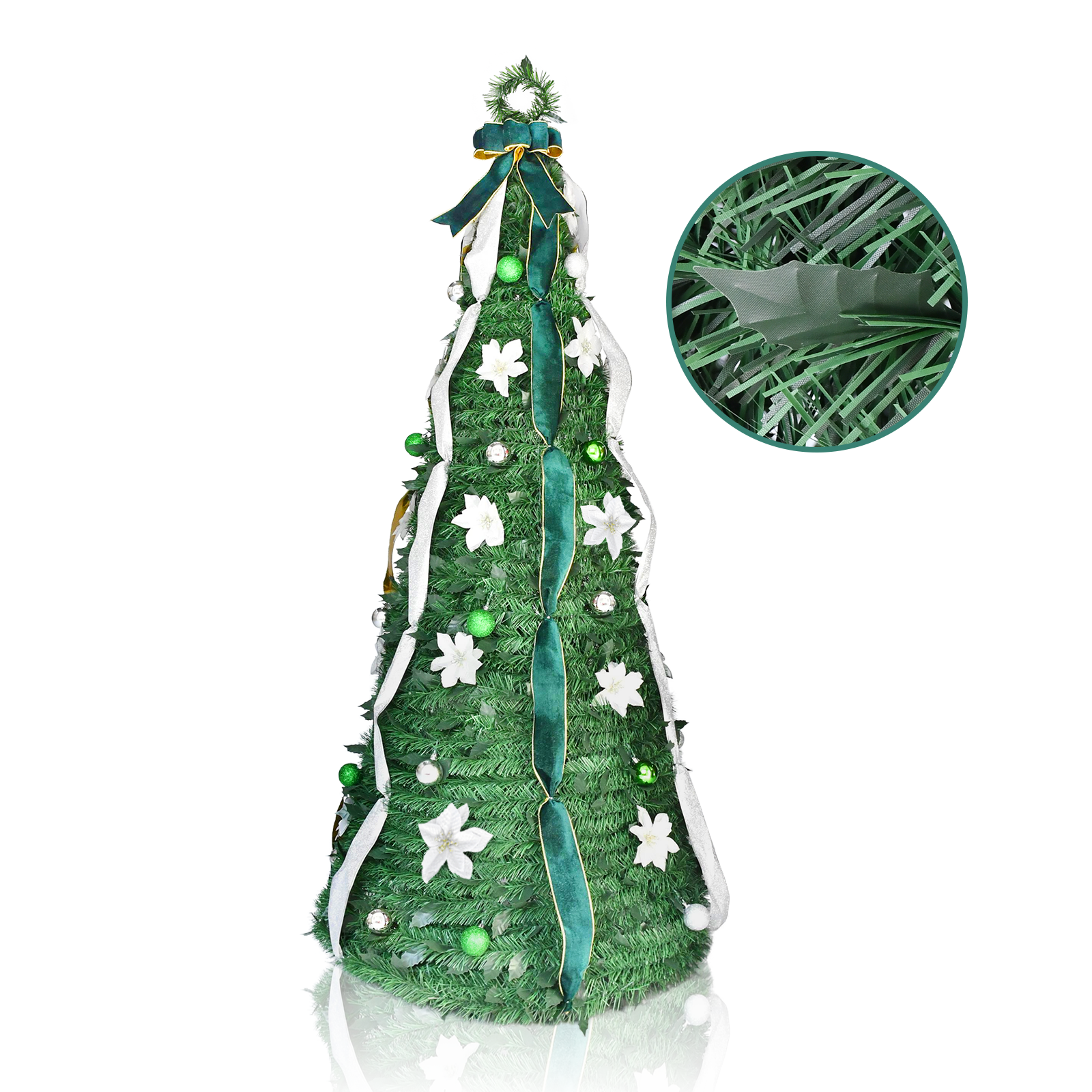 Green Ribbon Flower Pop Up Tinsel Christmas Tree Collapsible Artificial Pencil Tree with Bow Top