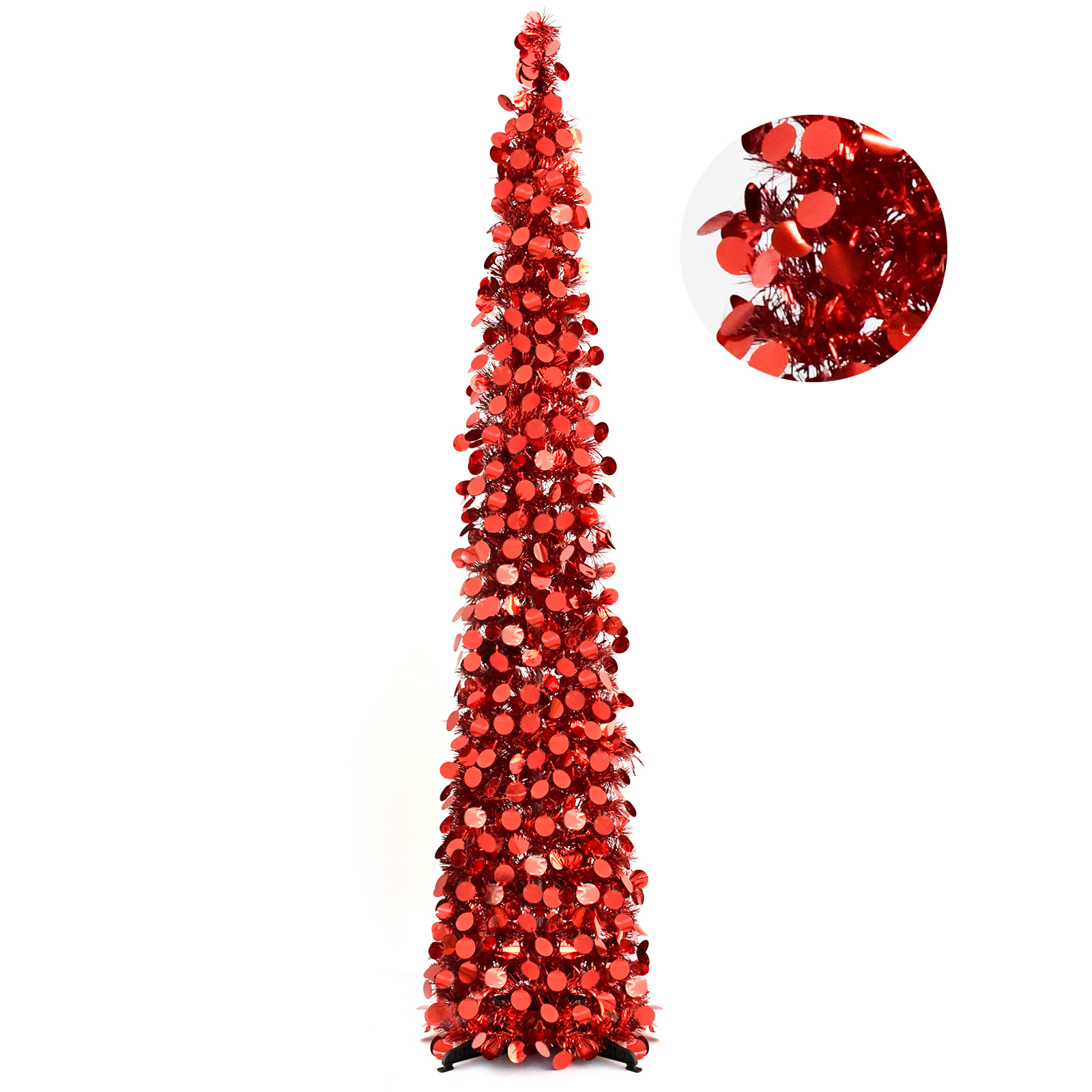 Red Round Disc Pop Up Tinsel Christmas Tree Collapsible Artificial Pencil Tree