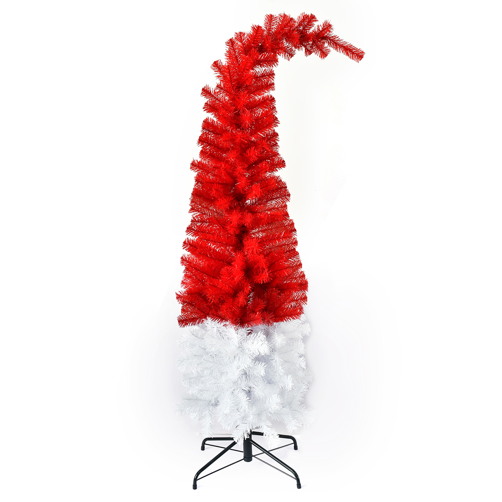 Red White Crooked Neck Pop Up Tinsel Christmas Tree Artificial Pencil Tree with Metal Stand