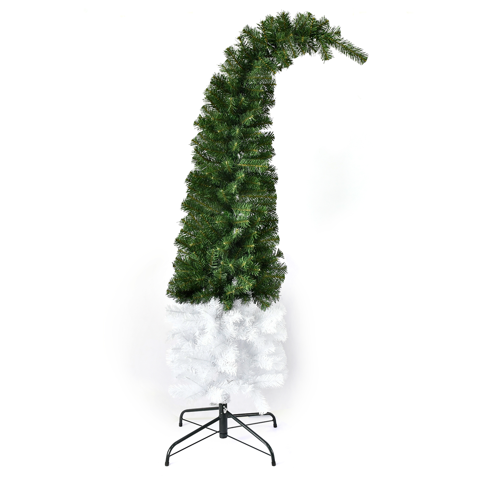 Green White Crooked Neck Pop Up Tinsel Christmas Tree Artificial Pencil Tree with Metal Stand