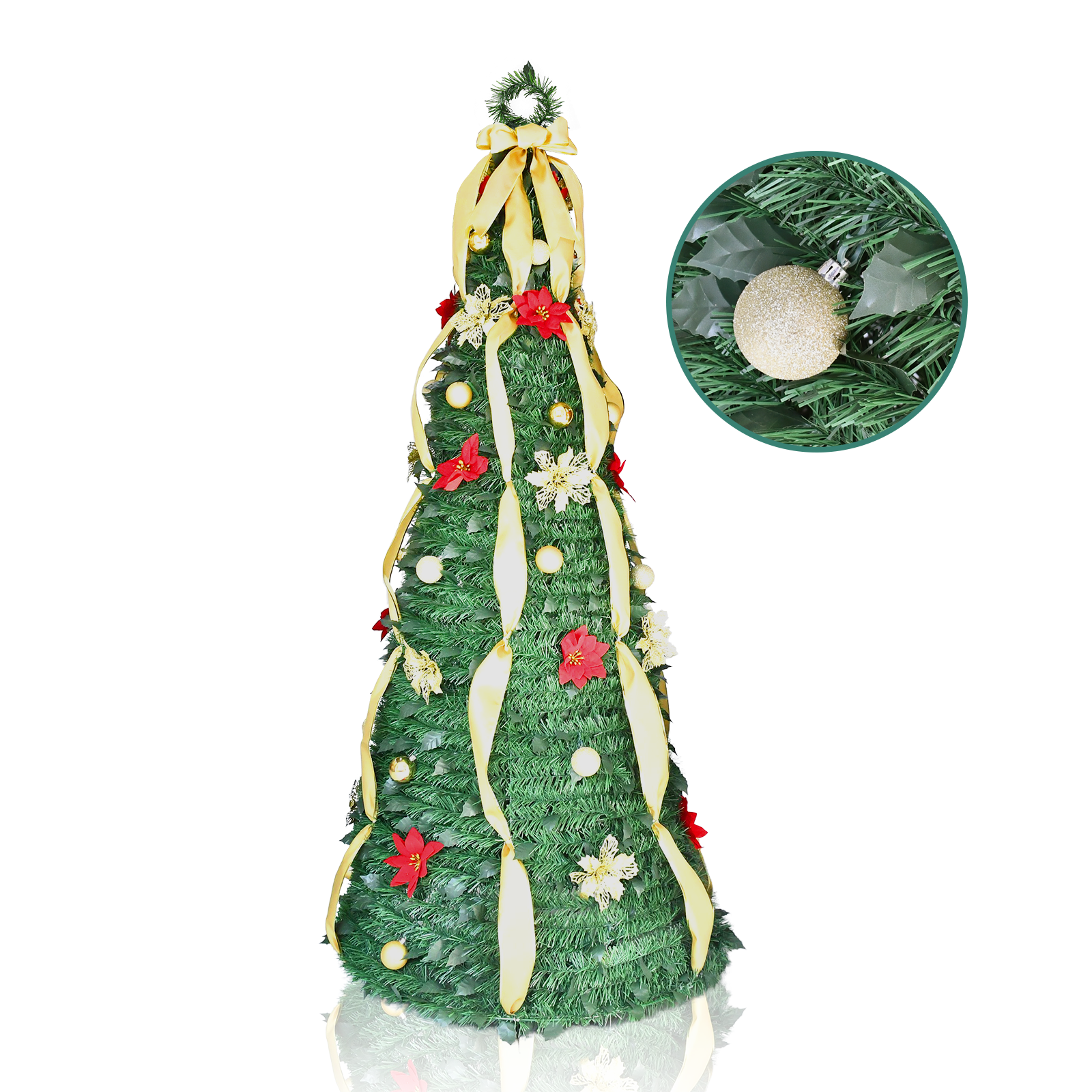 6FT Green Gold Ribbon Flower Pop Up Tinsel Christmas Tree Collapsible Artificial Pencil Tree with Bow Top