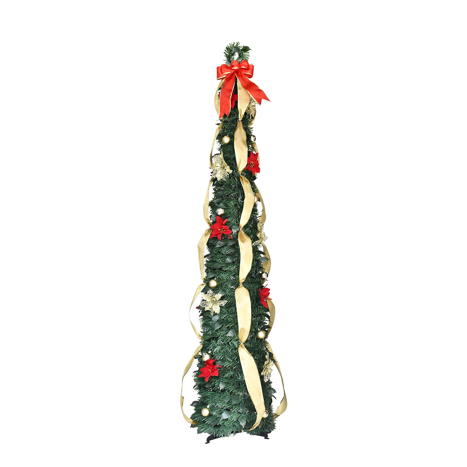 Green Gold Ribbon Pop Up Tinsel Christmas Tree Collapsible Artificial Pencil Tree with Red Bow Top