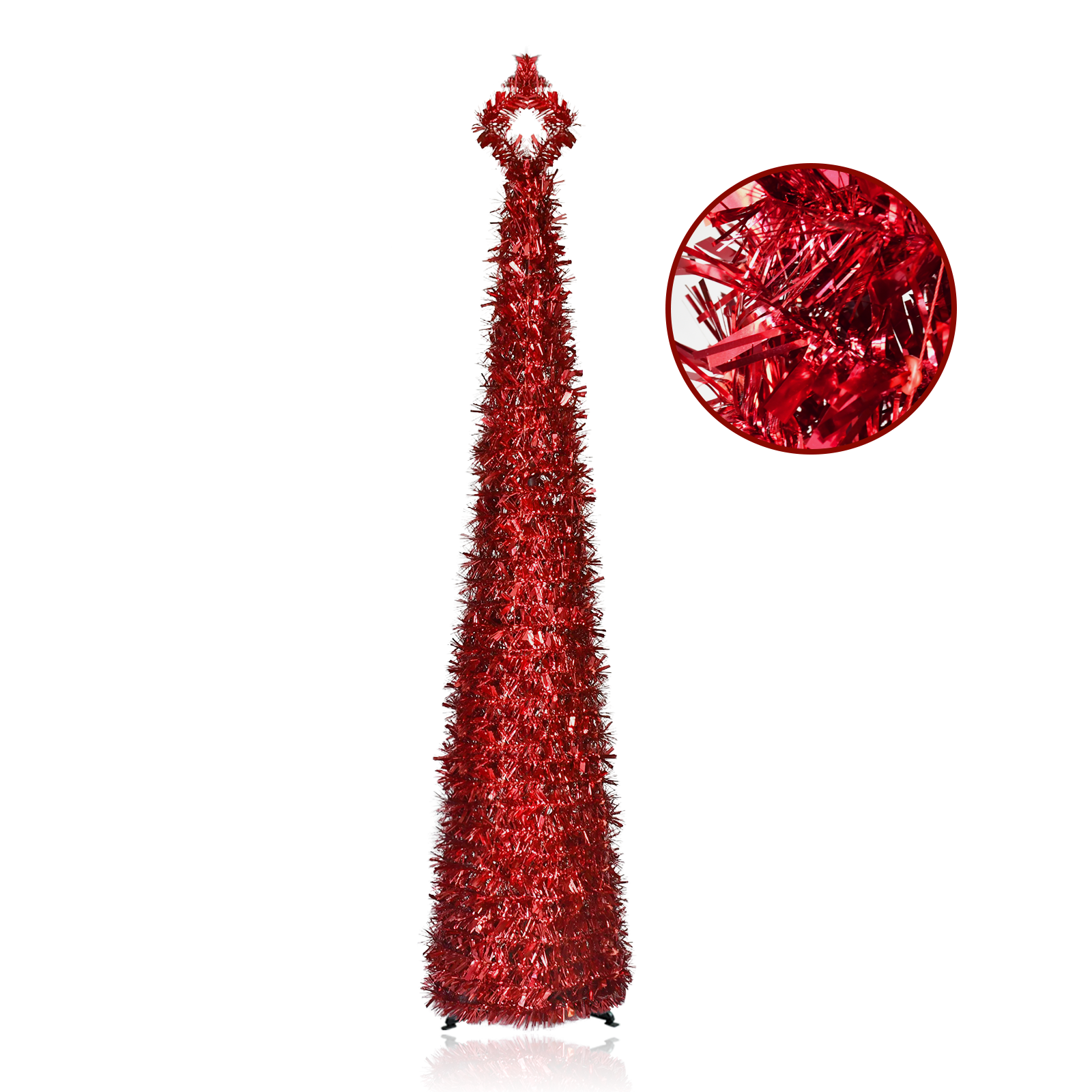Red Metallic Loop Top Pop Up Tinsel Christmas Tree Collapsible Artificial Pencil Tree