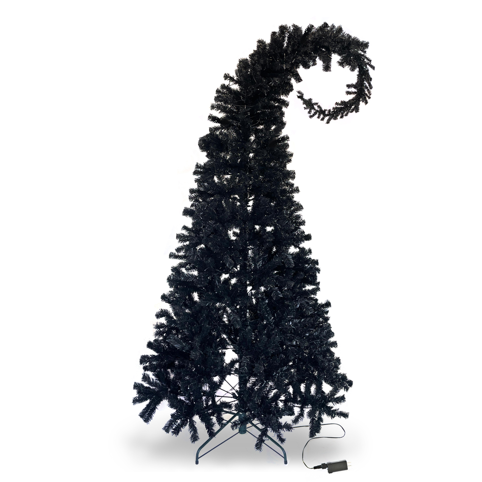6FT Black Crooked Neck Pop Up Tinsel Christmas Tree Lighted Artificial Pencil Tree with Metal Stand