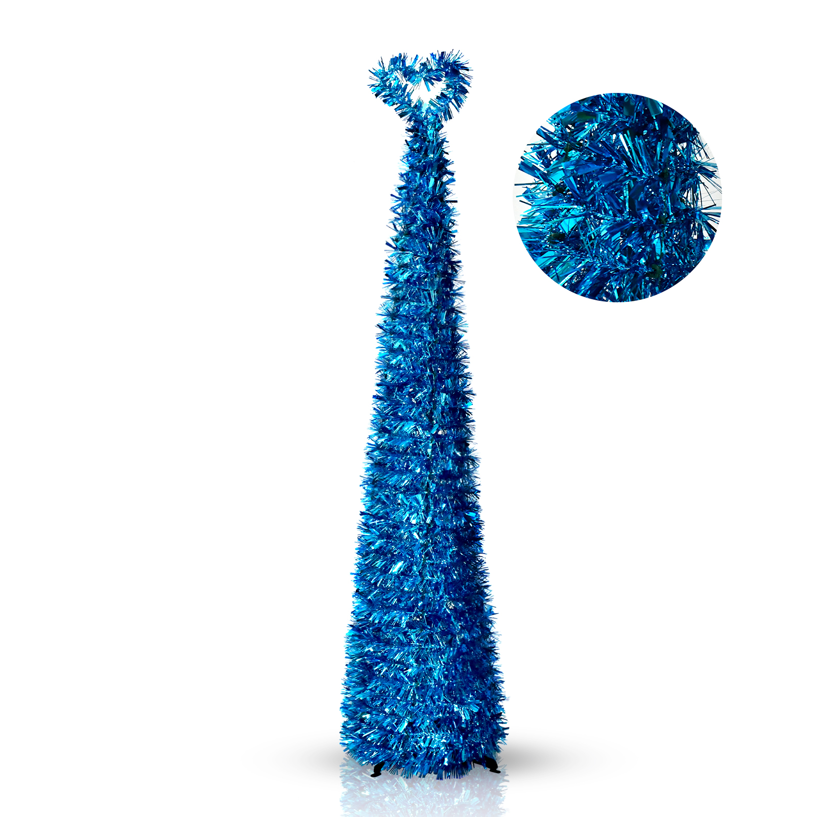 Blue Metallic Heart Loop Top Pop Up Tinsel Christmas Tree Collapsible Artificial Pencil Tree