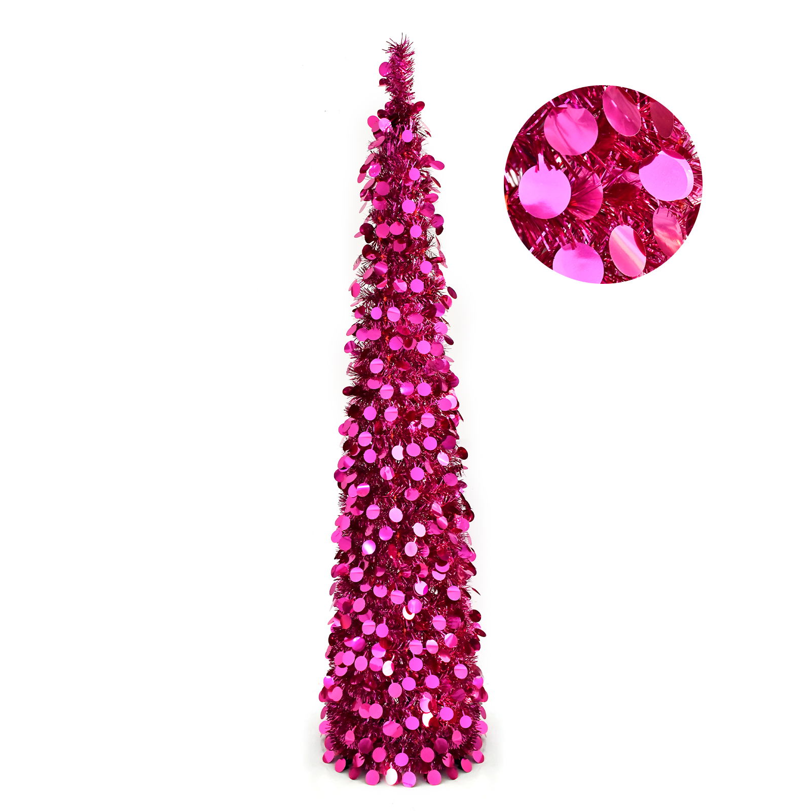 Rose Red Round Disc Pop Up Tinsel Christmas Tree Crooked Neck Collapsible Artificial Pencil Tree