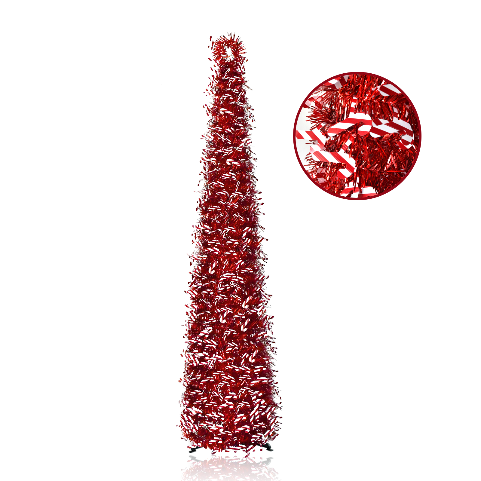 Red Candy Cane Pop Up Tinsel Christmas Tree Collapsible Artificial Pencil Tree with Striped Sequins