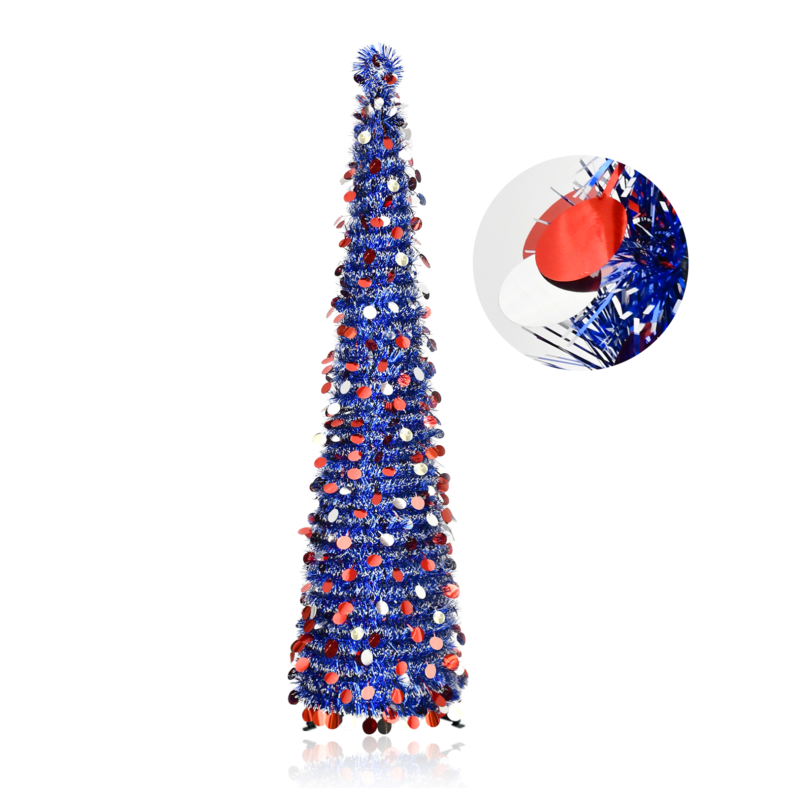 Blue Round Disc Pop Up Tinsel Christmas Tree Collapsible Artificial Pencil Tree with Red White Sequins