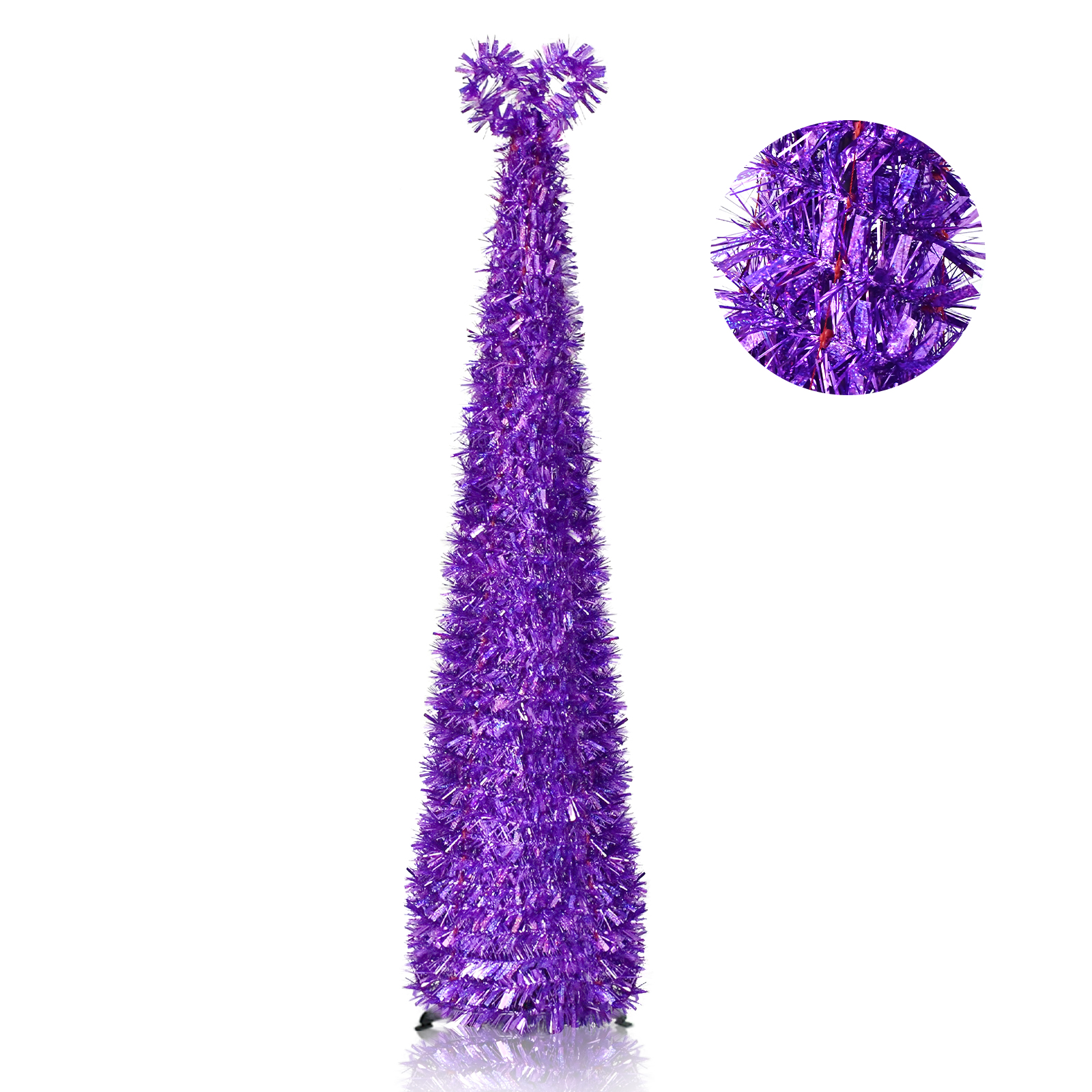 Purple Metallic Heart Loop Top Pop Up Tinsel Christmas Tree Collapsible Artificial Pencil Tree