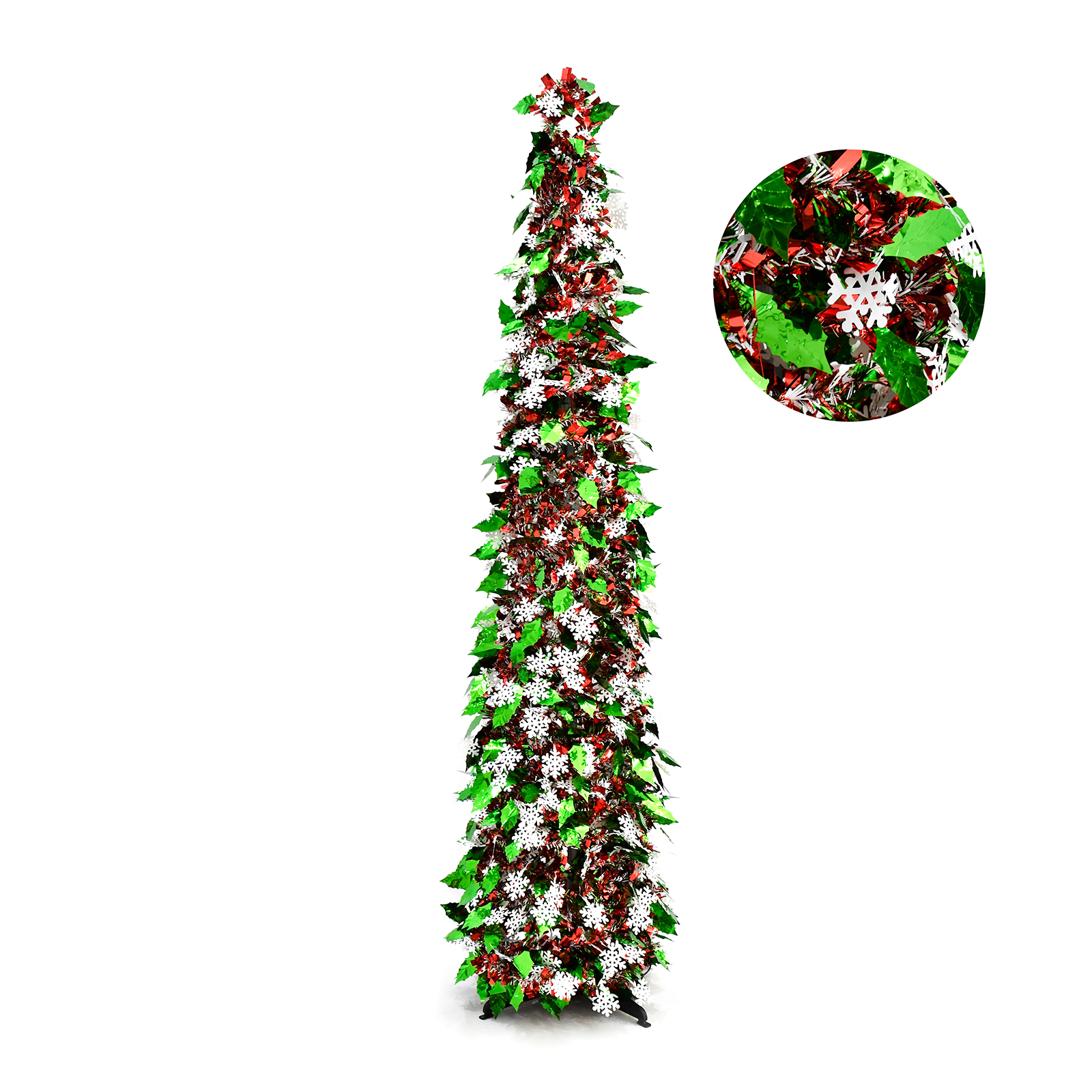 Red Green Snowflake Leaf Pop Up Tinsel Christmas Tree Collapsible Artificial Pencil Tree