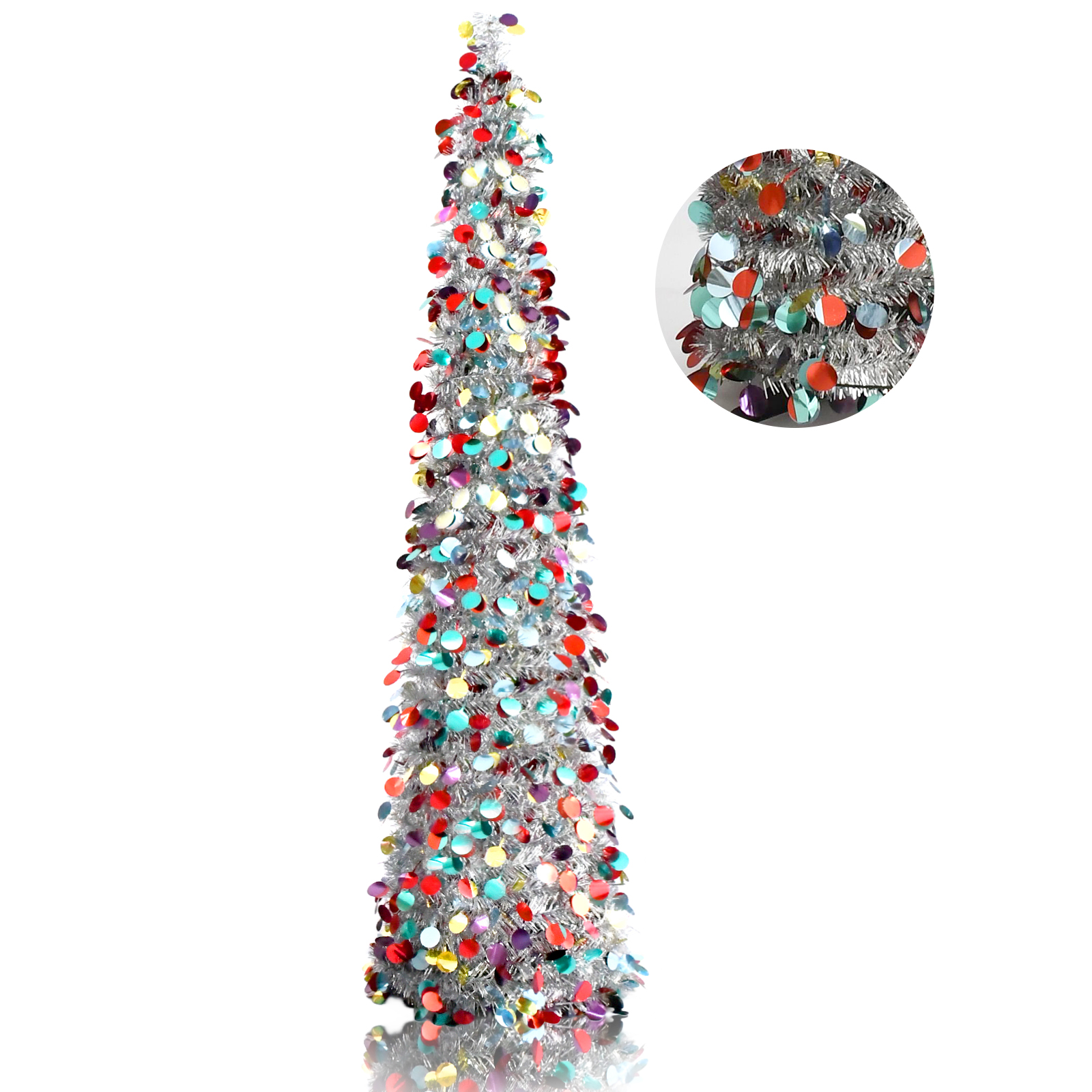 Silver Multicolor Round Disc Pop Up Tinsel Christmas Tree Collapsible Artificial Pencil Tree