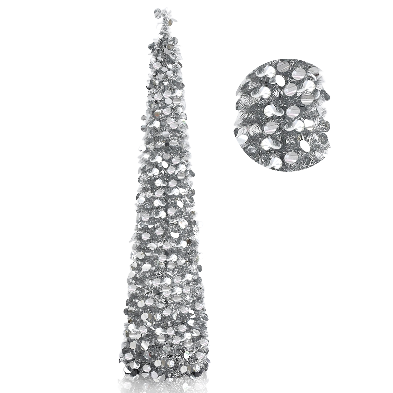 Silver Round Disc Pop Up Tinsel Christmas Tree Collapsible Artificial Pencil Tree