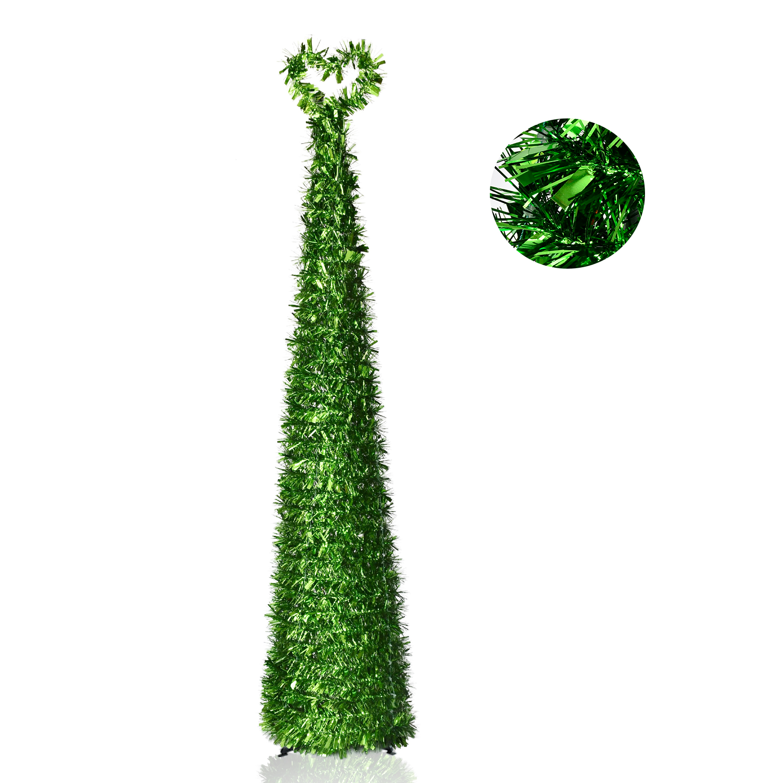 Green Metallic Heart Loop Top Pop Up Tinsel Christmas Tree Collapsible Artificial Pencil Tree
