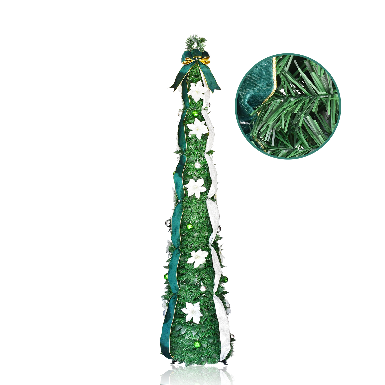 Green Velvet Ribbon White Flower Pop Up Tinsel Christmas Tree Collapsible Artificial Pencil Tree