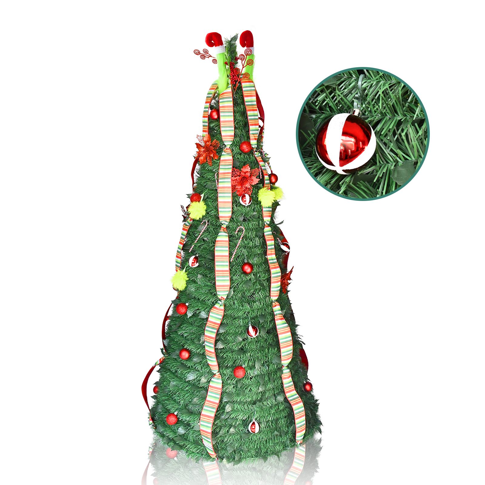 6FT Green Candy Stripe Ribbon Pop Up Tinsel Christmas Tree Collapsible Artificial Pencil Tree