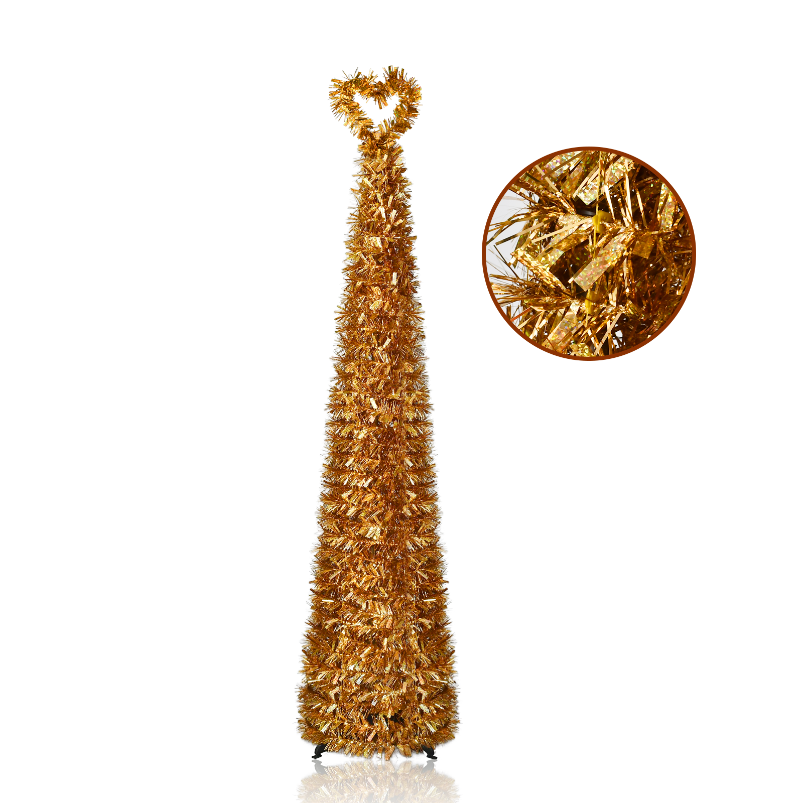 Gold Holographic Heart Loop Top Pop Up Tinsel Christmas Tree Collapsible Artificial Pencil Tree
